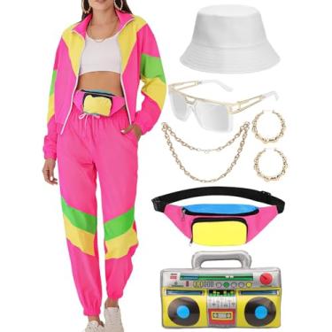 Imagem de VillbeCoser Conjunto de acessórios para fantasia de agasalho feminino dos anos 80 e 90, jaqueta corta-vento neon, Amarelo rosa, XX-Large