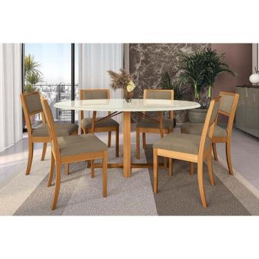Imagem de Mesa Cozinha Elma Premium Madeira Maciça c/ Tampo Madeirado c/ Vidro 180x105cm e 6 Cadeiras Alice Carvalho/Off White - Boucle Bege Fendi-Kappesberg