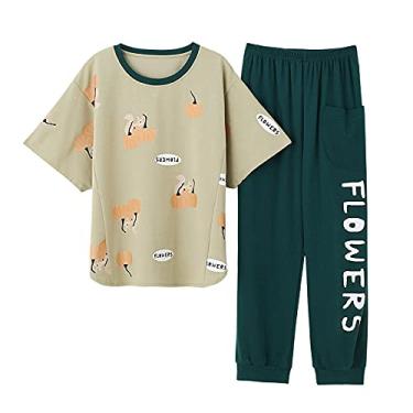 Imagem de HHHJQFAAT Pijama feminino pijama feminino roupa de dormir floral feminina roupa de casa casual tamanho grande pijama mujer (verde médio)