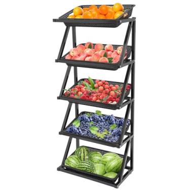 Imagem de Rack de exibição de vegetais e frutas de 5 camadas, prateleira multiuso de varejo com cestas de 5/10, ideal para supermercados, armazenamento de doces e lanches, organizador doméstico
