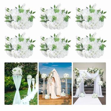 Imagem de QinmiGarden 6 peças de centro de mesa de casamento para mesas de 40 cm flores artificiais brancas arranjos de bolas de flores de seda floral para decoração de mesa de festa do dia dos namorados (6