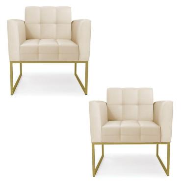 Imagem de Kit 2 Poltronas Elisa Corino Base Metálica Industrial Dourado - D'rossi Cor Bege