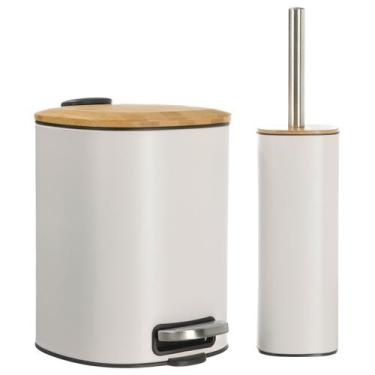 Imagem de Conjunto Lixeira 5 Litros Branca Bambu Escova Higiene Lavabo Kit de Ac
