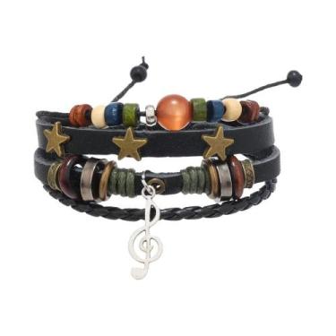 Imagem de Pulseira Masculina Retrô De Couro Trançado Com Contas E Detalhes Em Li