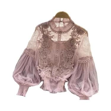 Imagem de Blusa Elegante De Renda Com Manga Longa Para Mulheres, Transparente, C