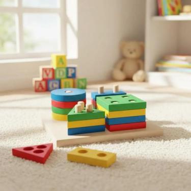 Imagem de Brinquedo Educativo Madeira Montessori Encaixe Formas Cores Colorido -