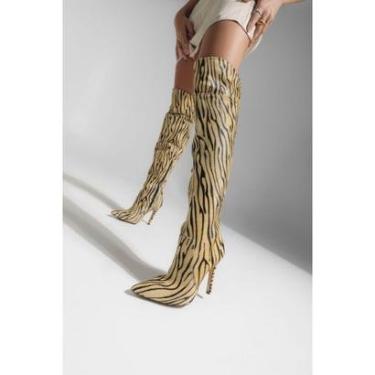 Imagem de Bota em Couro Pêlo Zebra Bege Cano Alto Cecconello-Feminino