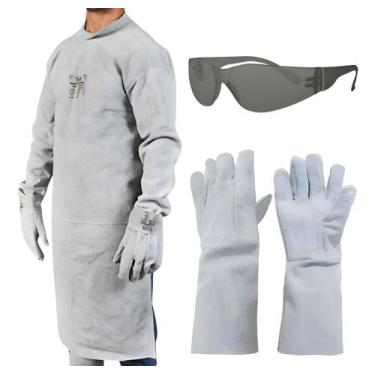 Imagem de Avental Soldador Barbeiro Couro Raspa Luvas 20cm Óculos - Plastcor