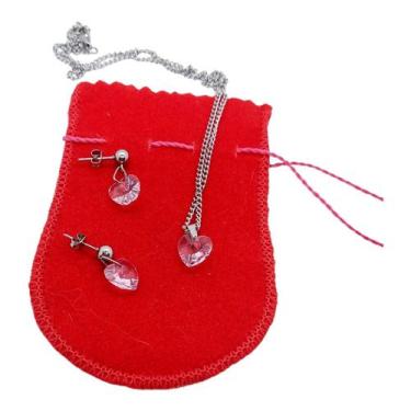 Imagem de CONUNTO Colar Brinco Ponto De Luz CORAÇÃO ROSA Aço Inox - ASA