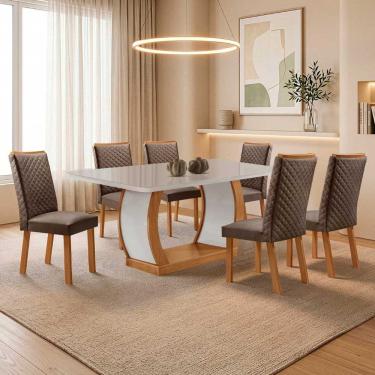 Imagem de Conjunto de Jantar Milena 6 Lugares Tampo MDF com Vidro Serigrafado e Cadeiras Lira Veludo Off White 180CM Moderna