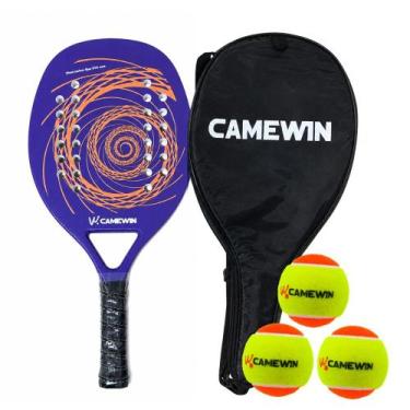 Imagem de Raquete Beach Tennis Camewin Fibra de Carbono + 3 Bolinhas, Roxo