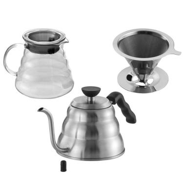 Imagem de Kit Chaleira Bico Fino, Jarra Vidro E Filtro Para Café Inox