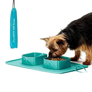 Imagem de Tigela dobrável para cães, tapete de tigela de gato de animal de estimação duplo de silicone, tigelas de água dobráveis para filhotes, tigela portátil para cães para caminhadas em casa, azul