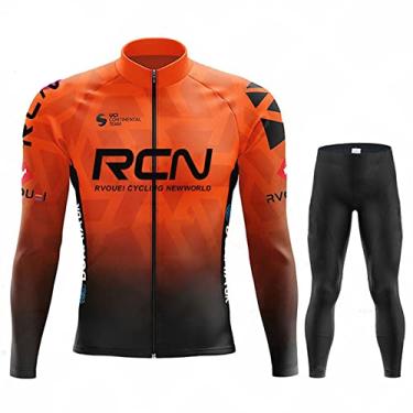 Imagem de Outono Inverno Ciclismo Jersey Ao Ar Livre Térmico Fleece Bicicleta Meia-calça Zíper Completo À Prova de Vento Bicicleta de Estrada Manga Longa Bib Pants, Laranja, 3GG (184 CM/95 kg)