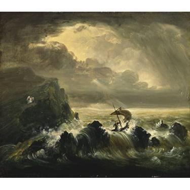 Imagem de A Viagem da Vida Adulta Homem no Barco Rio Águas Turbulentas Tempestade Anjo à Distância Observando Pintura de Thomas Cole Repro em Tela"canvas" ou Arte em Papel (Tela "Canvas", 26cm X 30cm)