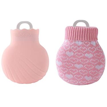 Imagem de Garrafa de água quente com capa de malha macia grande clássica livre de BPA bolsa de água quente para pescoço, dor no ombro e aquecedor de pés de mão, cólicas menstruais, compressa quente e terapia fria, rosa, 550ml