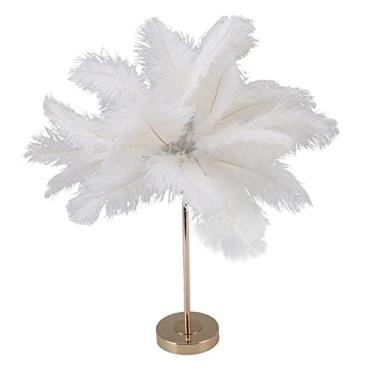 Imagem de Abajur de mesa de penas brancas, interruptor de toque, 3 cores, regulação sem fio, carregamento USB, 30 peças, lâmpada de penas de avestruz, lâmpada de cabeceira, luz noturna de mesa com base de metal dourado para quarto, casamento
