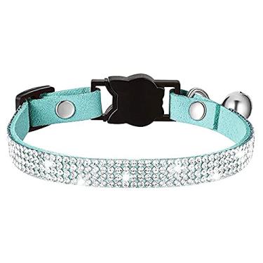 Imagem de Colar de cachorro com strass Pimaodog, lindo colar de couro de camurça macia espumante coleira de cachorro gato com sino colar de cristal de veludo macio para meninas (azul)