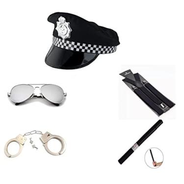 Imagem de Fantasia de Policial C/Quepe Preto e Branco Cassetete Suspensório Óculos Espelhado e Algema
