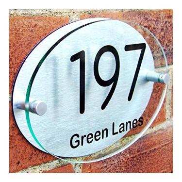 Imagem de Placas com o número da casa Placas de acrílico ovais personalizadas para casas Placas de porta Placas com efeito de vidro curvado com painel composto de alumínio