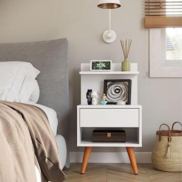 Imagem de Mesa de cabeceira com gaveta e prateleira pés palito estilo retrô modelo Sleep (Branco)