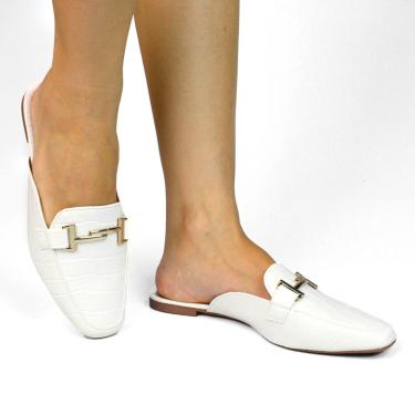 Imagem de Sapato Mule Femino Donatella Shoes Bico Quarado Branco Croco  feminino
