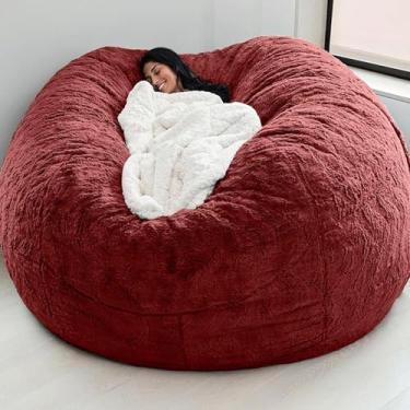 Imagem de Almofada para cadeira Capa de saco de feijão de pele sintética gigante Móveis grandes redondos macios fofos portáteis para sala de estar Capa de sofá-cama preguiçosa (sem enchimento), vinho