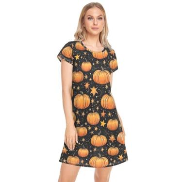 Imagem de CHIFIGNO Linda camisola de pijama para mulher, camisola de manga curta, camisolas de noite casuais, roupa de dormir feminina, P, Abóboras laranja de Halloween com estrelas, P