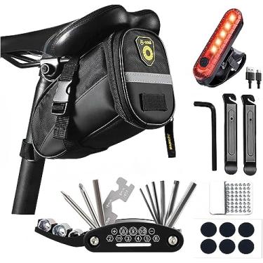 Imagem de AaiLucky Bolsa para selim de bicicleta com multiferramenta 16 em 1 e luz traseira, conjunto completo de acessórios para bicicletas de estrada MTB, bolsa de assento portátil, impermeável, 1,5 L