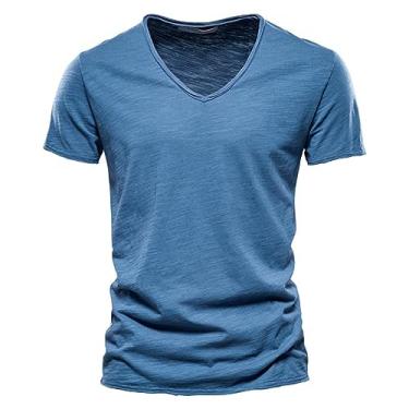 Imagem de Camiseta masculina de algodão gola V design moderno slim fit soild camisetas masculinas camisetas de manga curta para homens 1, F037-v-jeans azul, Size S 50-55kg