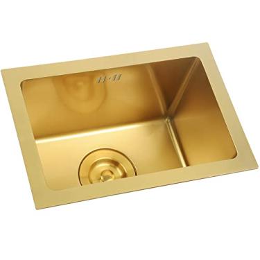 Imagem de Pia de preparação Gold Bar Mini trompete Cozinha Essential Sink 38,5 x 25,5 cm retangular de aço inoxidável RV Pia utilitária com rolha de drenagem dourada, tigela única sob montagem ou drop-in