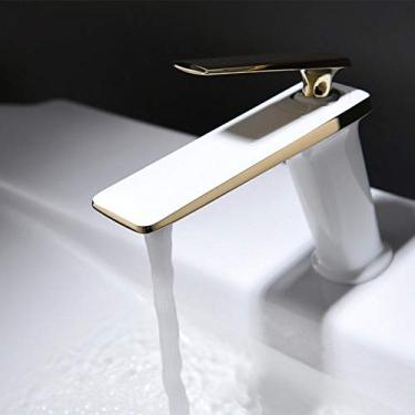 Imagem de Torneiras de lavatório torneira de latão branco e dourado torneira de pia de banheiro monocomando montado no deck vaso sanitário misturador quente e frio torneira de água preta China (branco e dourado