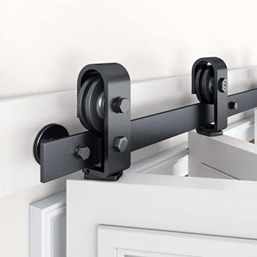 Imagem de EaseLife Kit de trilhos para porta de celeiro deslizante de 71 cm para 2 portas de armário, rolo de montagem superior, deslize suavemente silenciosamente, fácil instalação, preto, adequado para porta