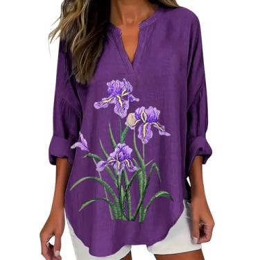 Imagem de Camiseta feminina de conscientização de Alzheimers de linho de verão, manga enrolada, gola V, estampa de flores roxas, Roxa, G