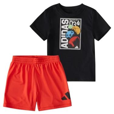 Imagem de adidas Conjunto de 2 peças de camiseta de manga curta e shorts de poliéster para meninos, Preto e vermelho, 12 Meses