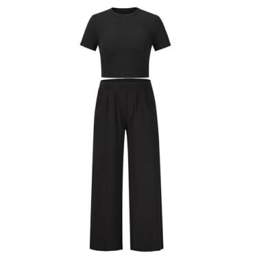 Imagem de Zcargel Conjunto de roupa feminina de poliéster combinando 2024 camiseta casual e calça comprida terno de verão, Preto, Small