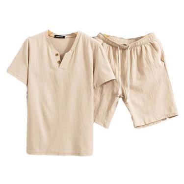 Imagem de GaoLeAve Conjunto masculino de verão casual de linho de algodão, 2 peças, camiseta e shorts de manga curta, Caqui, G