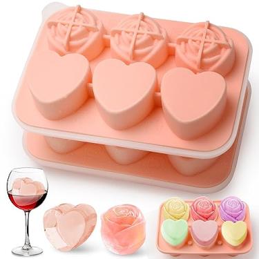Imagem de AIBIRUI Bandejas de gelo de silicone para freezer com tampa, pacote com 2 bandejas fofas de cubos de gelo com tampa, molde de gelo rosa e molde de coração para gelo, 6 gelos gigantes em forma de flor
