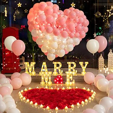 Imagem de GPUSFAK 6132pcs Marry Me Marquee Light Up Letters- LED Letter Number Light Sign with Candles Rose Petal Balloons Decoration for Proposal Engagement Wedding Home Table Decor White