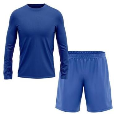 Imagem de Kit Short Azul + Camiseta Masculina Manga Longa Segunda Pele Esporte Treino-Masculino