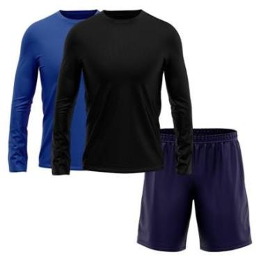 Imagem de Kit Short Azul Marinho + 2 Camisetas Masculina Manga Longa Segunda Pele Esporte Treino-Masculino