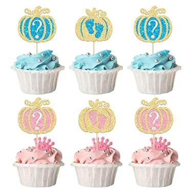 Imagem de 24 peças de enfeite de cupcake de abóbora revelação de gênero decorações de bolo de abóbora revelação de gênero decorações de bolo para chá de bebê de abóbora suprimentos de festa de aniversário para