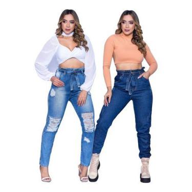 Imagem de Combo 2 Calca Jeans Mom Feminina Cos Alto Sem Elastano Top - NtD Modas