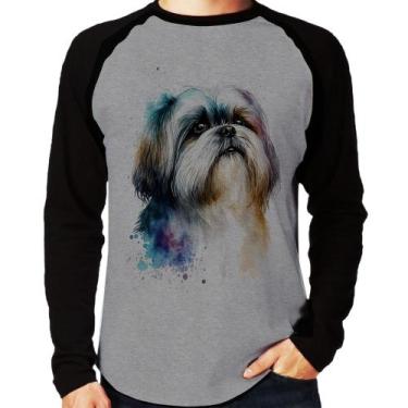 Imagem de Camiseta Raglan Cachorro Shih Tzu Watercolor Manga Longa - Foca na Mod
