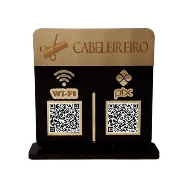 Imagem de Placa Display Logo e 2 Qr Code Pix e Wifi em Acrílico Dourado e Preto 