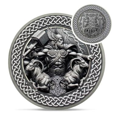 Imagem de Moeda Viking Thor Hammer - Runas Viking Mjolnir Coin Token - Tanngrisnir Tanngnjóstr Medalhões de amuleto protetor de mitologia nórdica Talismã - Presentes viking poderosos para homens, mulheres e