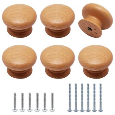 Imagem de YuGtcen 6 maçanetas de armário de madeira, puxadores de cômoda de madeira, maçanetas redondas modernas para móveis armário cômoda gaveta porta de armário (acabamento em faia)