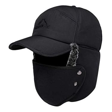 Imagem de Van Caro Trapper Chapéu de inverno para homens, chapéu quente russo com máscara facial de aba de orelha, Ushanka Fur Hunting Hat Boné de beisebol, 3496 Preto, Tamanho �nica