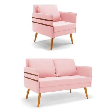 Imagem de Kit 01 Namoradeira E 01 Poltrona Suede Rosa Bebê Castanho - DROSSI