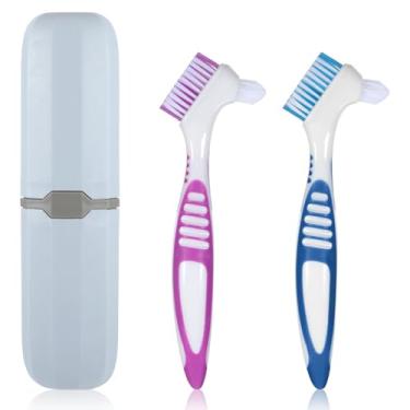 Imagem de YQQYG 2 escovas de dentadura, escova de dentes para dentadura com estojo dupla face, escova retentora de dentaduras, cerdas macias de várias camadas e alça antiderrapante de borracha para manutenção
